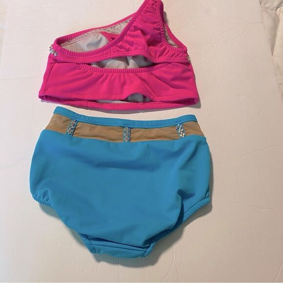 Custom made solo dance costume hot pink neon rhinestone 2 piece set child 10 - Picture 6 of 13